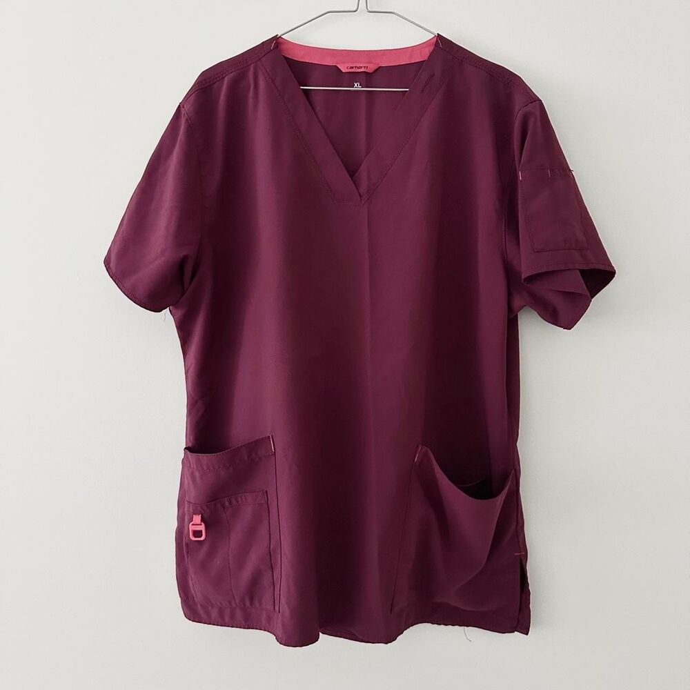 Carhartt Cross Flex Maroon V-Neck Scrub Top XL Short Sleeve Medical Women